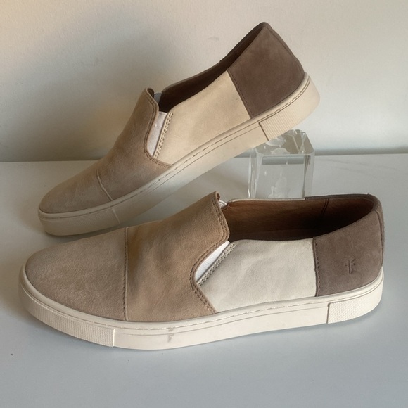 FRYE Suede Classic Sneaker Size 7 Beige Brown Color Block Minimalist Fall OOTD - Picture 2 of 16